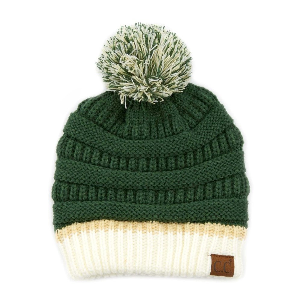 C.C Beanie College Color With Pom-GREEN/WHITE
